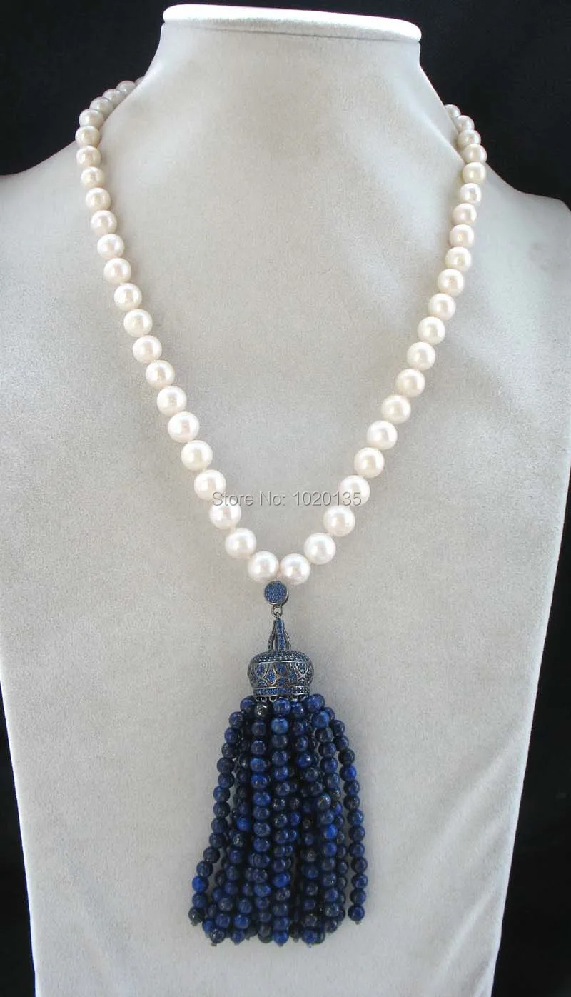 

freshwater pearl white round 9-10mm and lapis lazuli round necklace 18" FPPJ