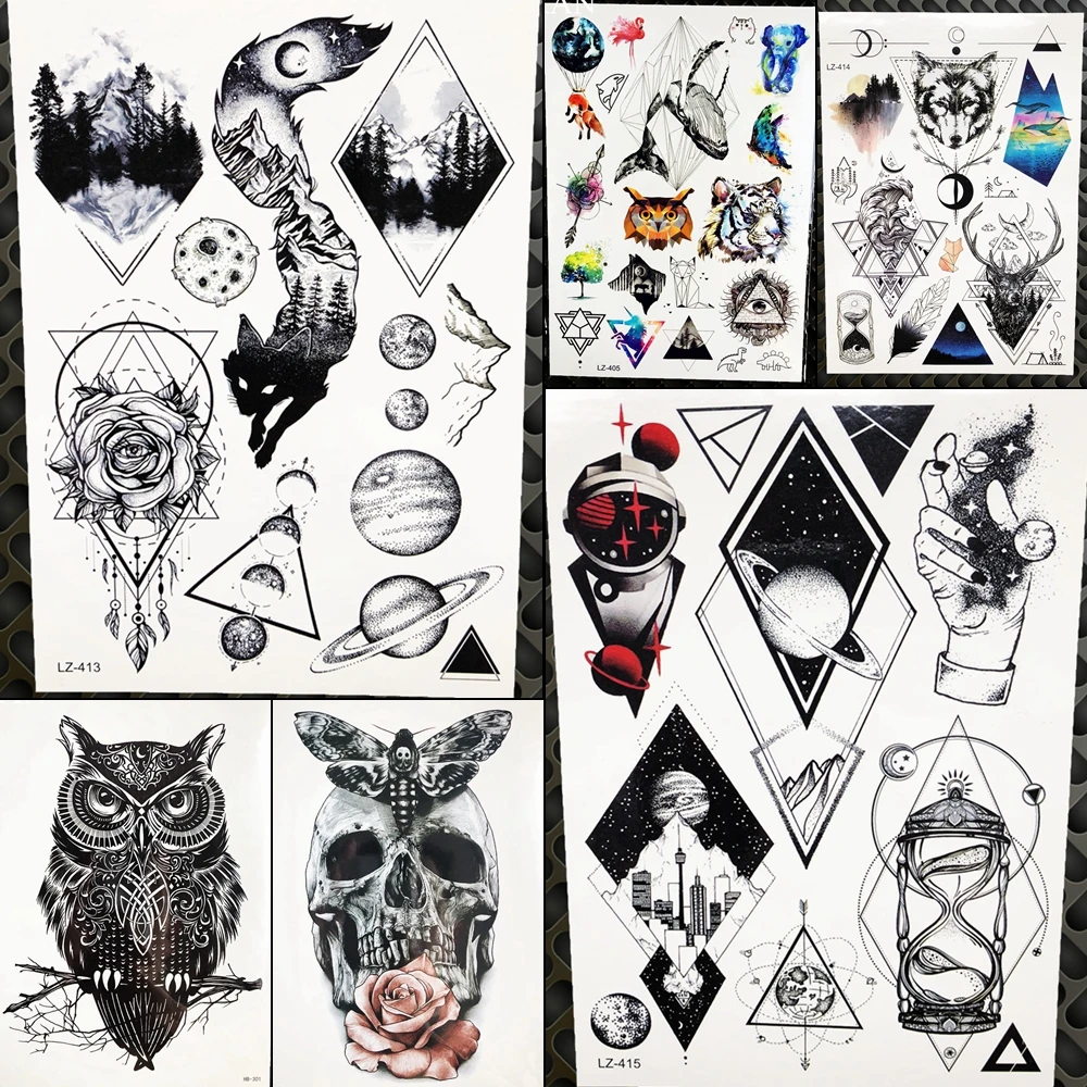 

Water Transfer Tattoo Black Charm Women Arm Wrist Temporary Tattoo Stickers Men Geometric Planet Hands Fake Tatoos Makeup Tips