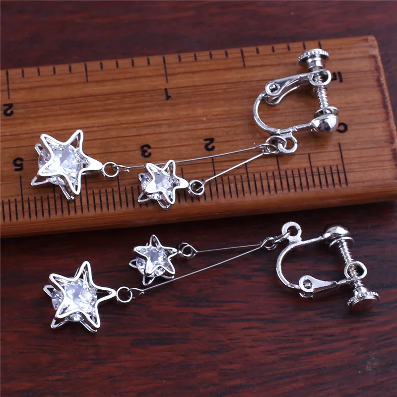 Grace Jun  New Arrival CZ Double Five-pointed Star Clip on Earrings No Pierced for Women Elegant Bridal Earrings Not Allergy