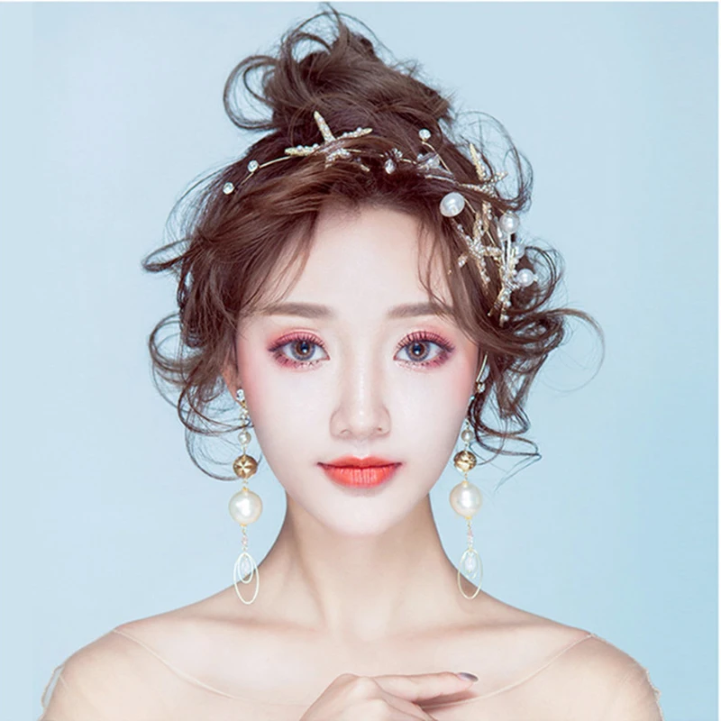 HIMSTORY New Starfish Hair Jewelry Pearl Rhinestone Tiaras Headbands Handmade Bridal Wedding Women Hair Accessories