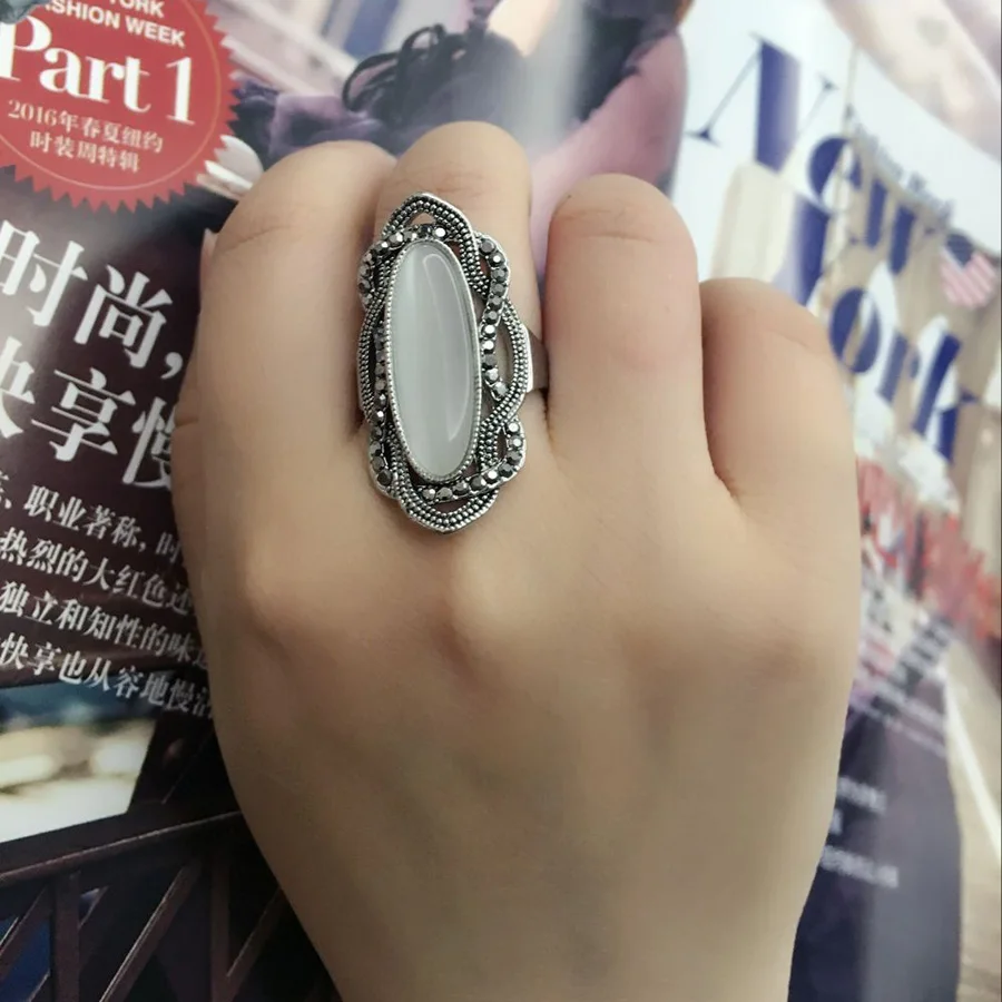 Kinel Top Quality Bohemian Style White Opal Ring Big Oval Silver Plated Mosaic AAA Gray Crystal Rings For Women Vintage Jewelry