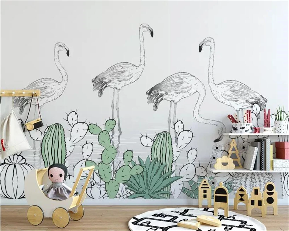 

Custom size wallpaper mural Hand-painted tropical plant Flamingos cactus plant leaves mural home decor Living room 3d wallpaper