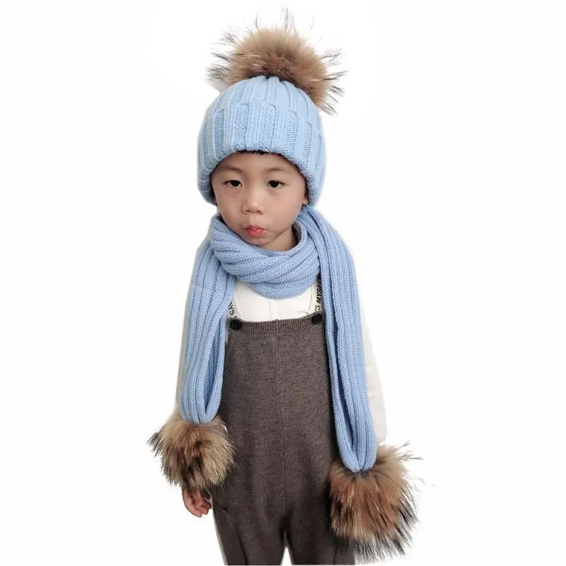 Kinderen Winter Muts Sjaal Set Baby Warm Gebreide Beanie Jongens Meisjes Echt Bont Pompom Hoed Voor Kinderen Winter Cap Skullies mutsen