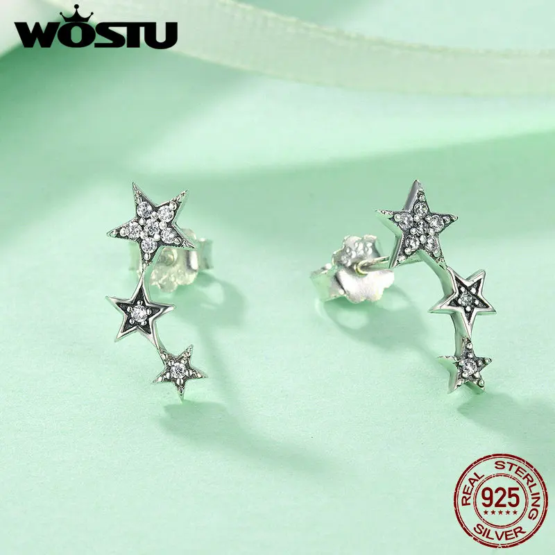 WOSTU Hot sale 925 Sterling Silver Sparking CZ Exquisite Stackable Star Stud Earrings For Women Luxury Jewelry Bijoux CQE175