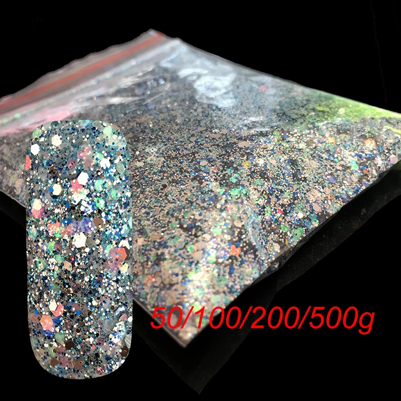 Christmas Craft Art Decoration Manicure Sliver Blue Mix Size Nail art Glitter Hexagon Manicure Sequins UV Dust Flash Powder