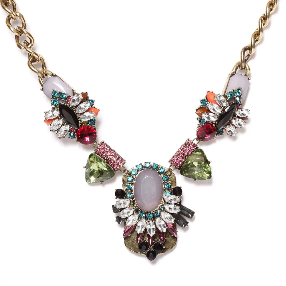 Fashion Women Vintage Elegant Multi Color Resin Stone Set Pendnt Necklace Burnished Gold Color Pink Olive Grey Black Clear Mix