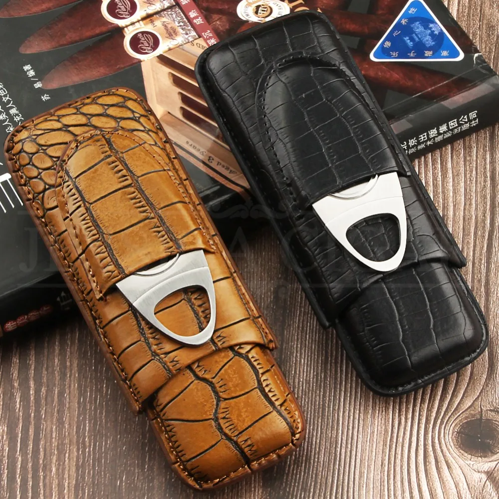 GALINER Leather Cigar Case Travel Crocodile Pattern Leather Humidor Box W/ Stainless Cigar Cutter Guillotine Fit 2 Cigars