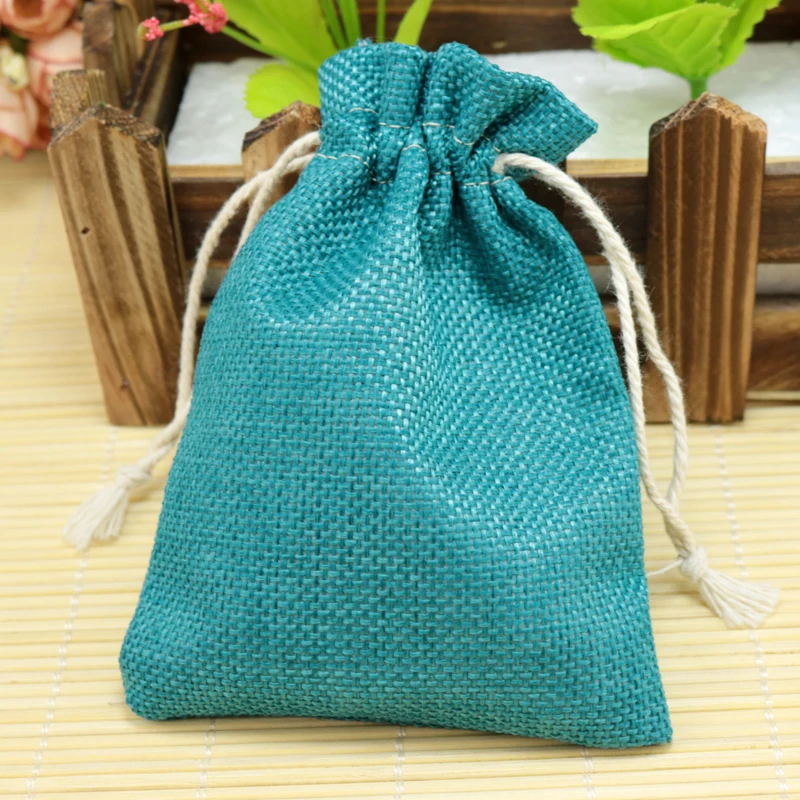 

10x14cm 100pcs Lake Blue Jute Bag Sacks Burlap Drawstring gift bags for /wedding/christmas jewelry Packaging Linen pouch Bags