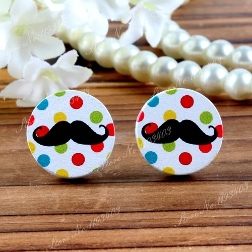 16mm Mustache Round  High Quality Photo Wood Laser Cut Cabochon to make Rings, Earrings, Bobby pin,Necklaces, Bracelets