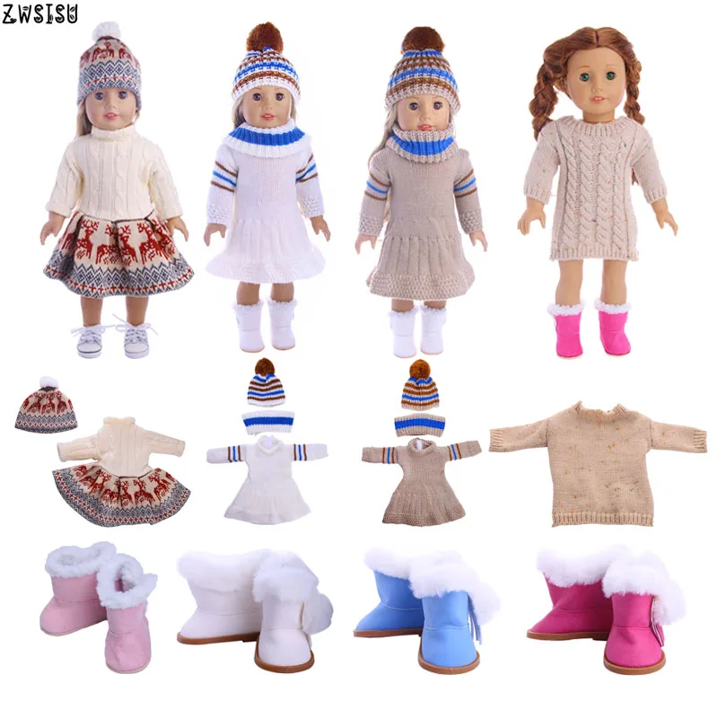 Doll Clothes 2 Pcs Sweater+Knitted Hat & Plush Boots For 18 Inch American Doll & 43 Cm Born Doll For Generation Girl`s Christmas