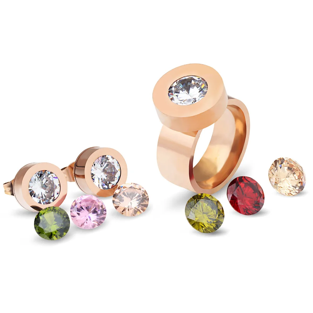 Creative Interchangeable Color CZ Stone Jewelry set For Women 316L Stainless Steel Exchange Earrings Ring Wedding Gift Sets