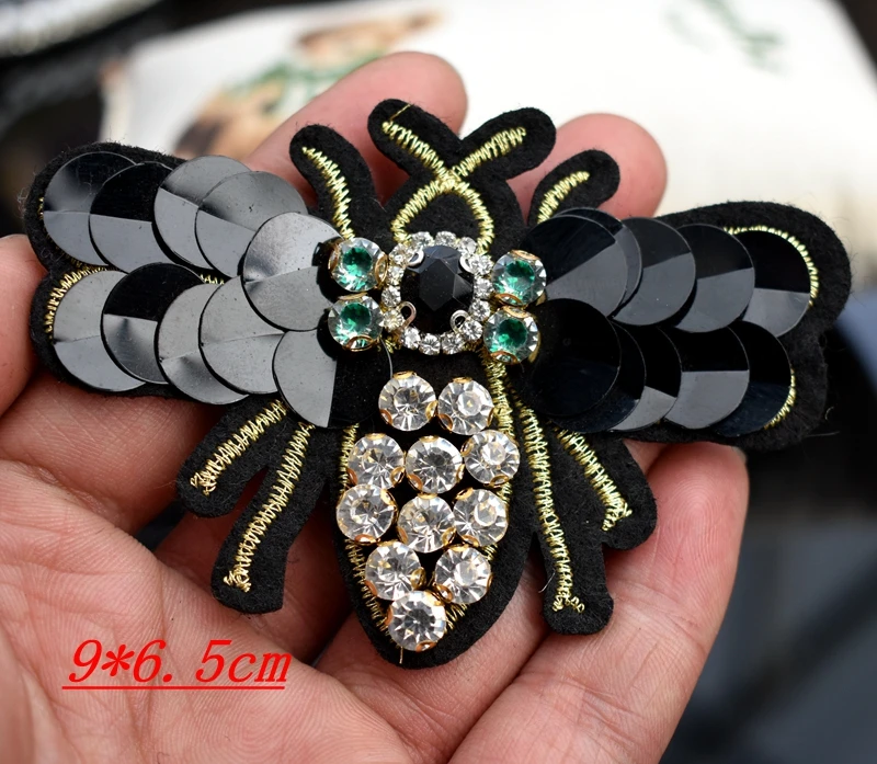 Handmade Rhinestone Beaded Sequin Bees Patches, Cool Fashion Sew on Crystal pearl patch for clothes beaded Applique cute patch