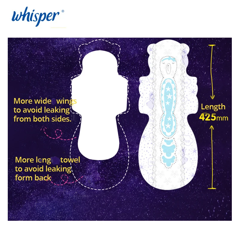 Whisper Koala Ultra-thin Night Use Version Sanitary Towerl 425mm Cotton Surface with Wings 2 Packs (4 Pads/Pack)