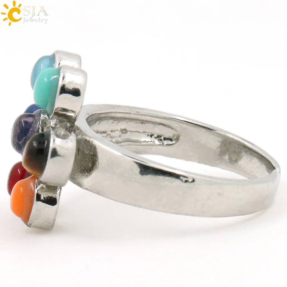 CSJA 1Pc 7 Chakra Rings Reiki Energy Healing Point Stone Beads Adjustable Ring Rainbow Flower Women Finger Ring Jewelry E042