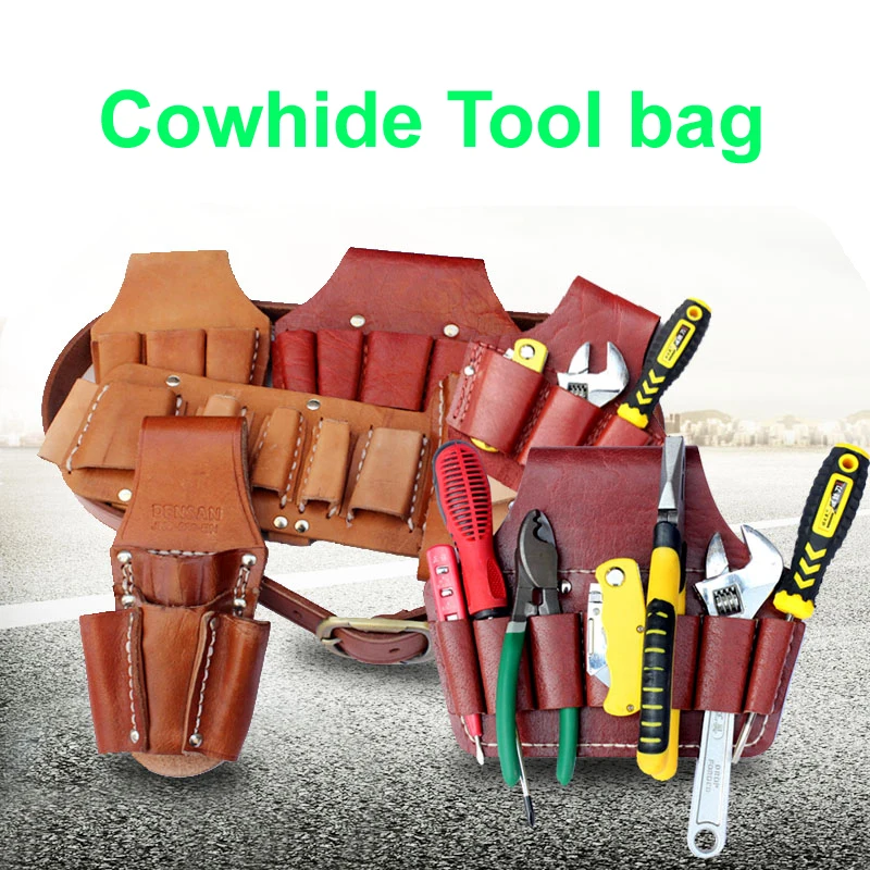 Cow Lether Tool Bag Cowhide Pocket Multifunction Repair Waterproof Wearable Electrician Waist Hanging Pouch Belt Yellow No Tools