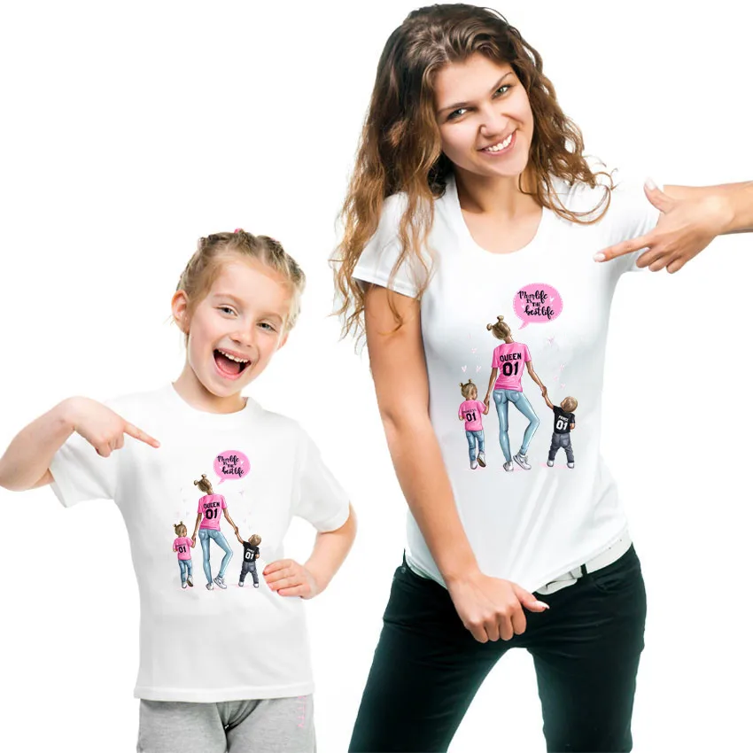 2020 New Funny Matching Mother and Daughter Clothes Summer Short Sleeve White Soft T-shirt Family T Shirt Plus Size