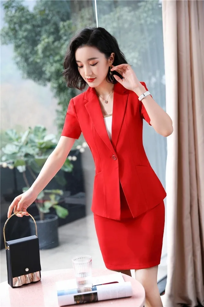 

Elegant Red Slim Fashion Summer Short Sleeve Formal Women Business Suits With Tops and Skirt Ladies Office Work Wear Blazers Set