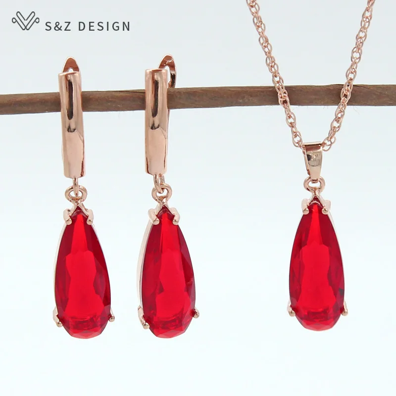 S&Z 6 Color Long Water Drop Dangle Zircon Earrings Jewelry Set 585 Rose Gold Color  For Women Korean Fine Wedding Party Jewelry