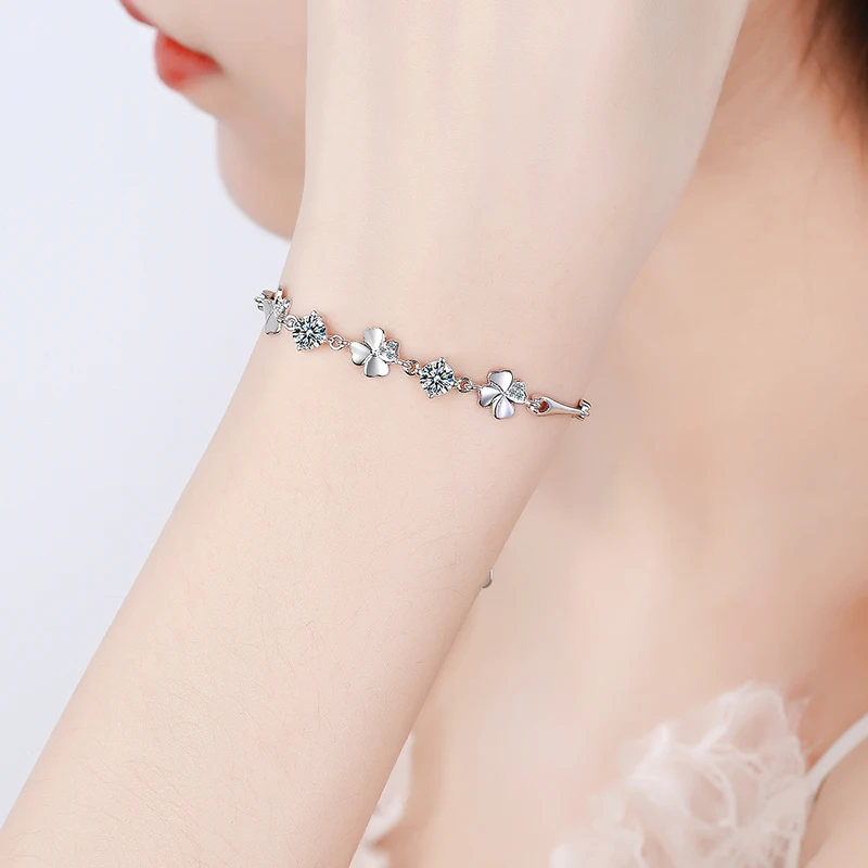 

Top Quality 925 Sterling Silver Bracelets Women Jewelry Classic Zircon Purple Clover Accessories Bracelet Girls Birthday Gift