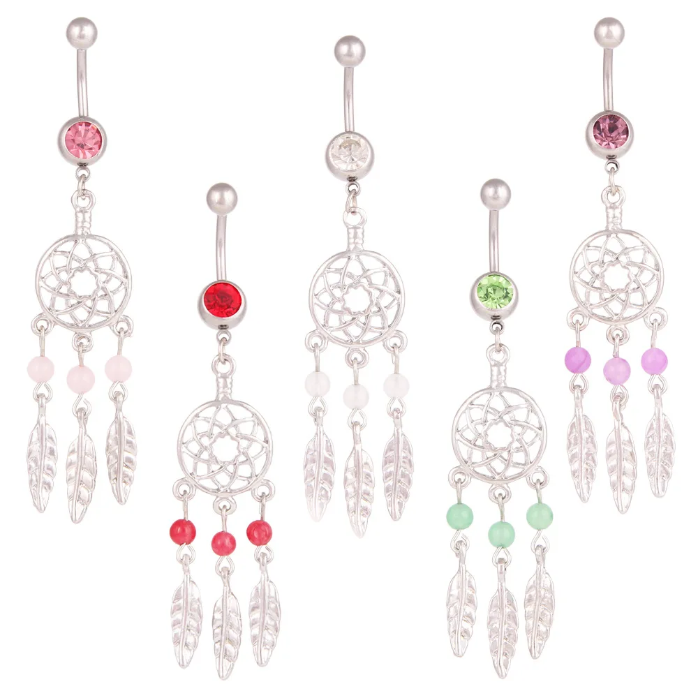 MODRSA 1Piece Dream Catcher Leaf Crystal Navel Ring Stainless Steel Belly Button Ring Navel Piercing Ombligo Body Jewelry