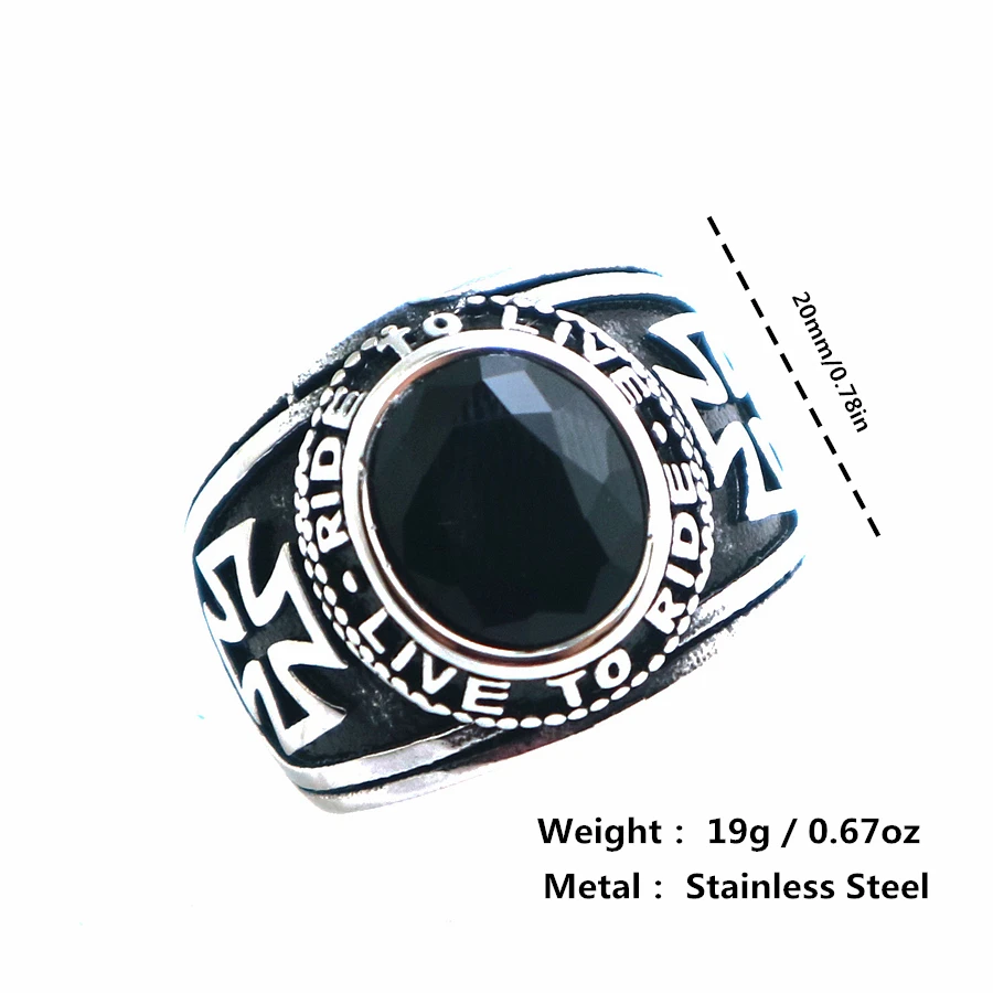 Size 7 To Size 15 Classic Unisex 316L Stainless Steel Cool Ride To Live, Live To Ride Black Stone Cross Biker Ring For Gift