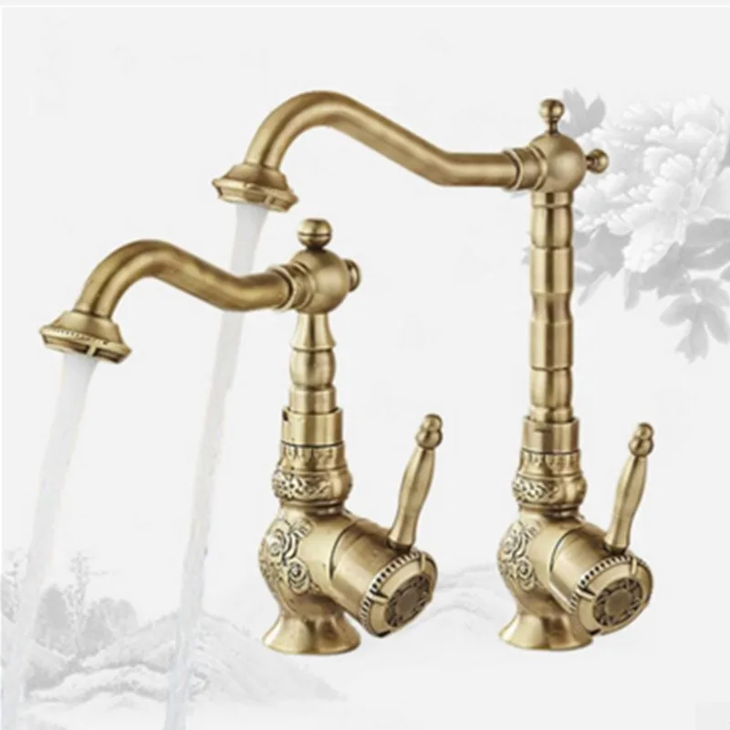 

Antique carved basin hot and cold water faucet Brass vintage basin mixing faucet Single handle single hole