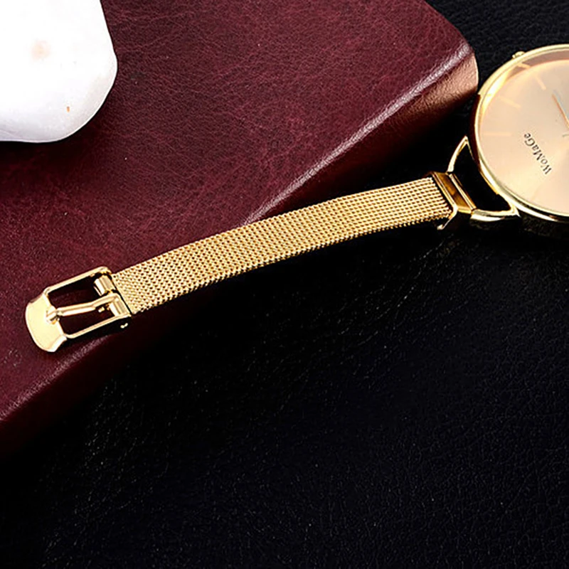 2021 Luxury Golden Women Dress Wrist Watches Brand Womage Ladies Ultra Slim Stainless Steele Mesh Mini Bracelet Quartz Watch