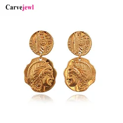 Carvejewl Vintage Ladies Queen Head Portrait Coin Earrings Women Party Round Disc Face Medal Gold Silver Color dangle earrings