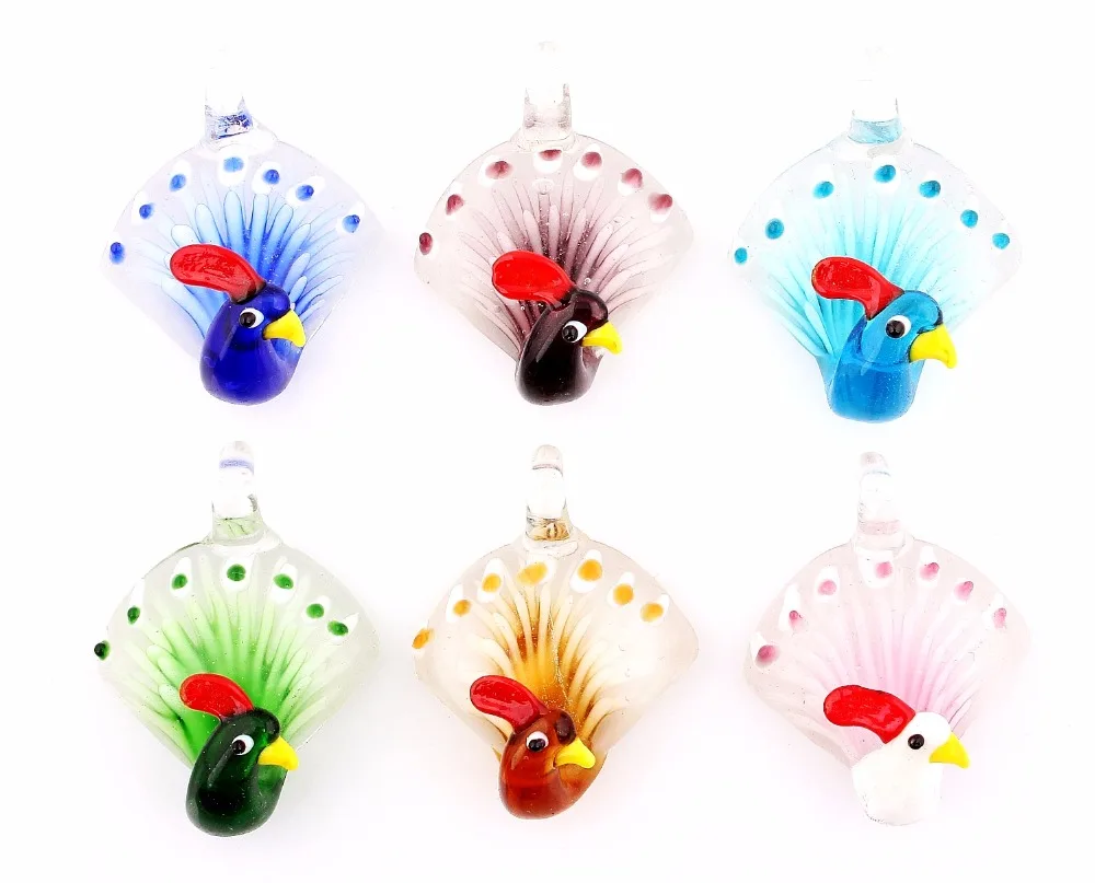 Wholesale 6pcs Handmade Murano Lampwork Glass Mix Color Peacock Pendant Fit Necklace Jewelry Gifts W