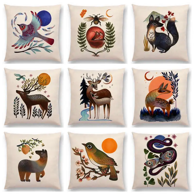 Retro Mystery Watercolor Art Totem Sofa Pillow Case Animals Deer Bear Bird Fish Fox Owl Snake Rabbit Heron Bee Cushion Cover