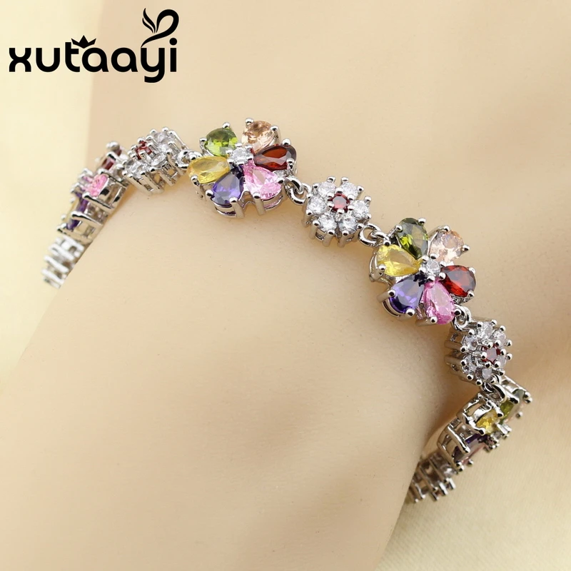 XUTAAYI 2018 New Arrival Fashion Health Jewelry  Silver Multi Color Stones Cubic Zirconia Chain-Link Bracelet Length 18+3CM