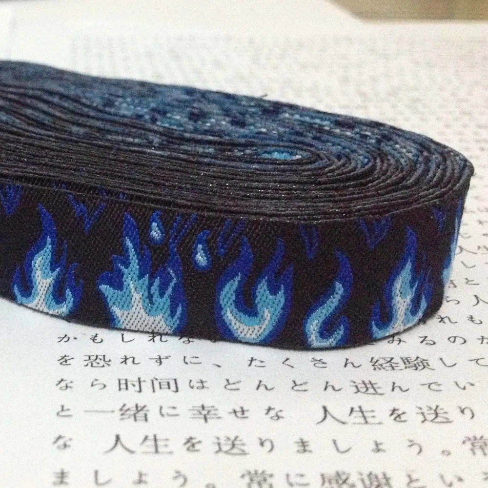 New 2014 lace 5/8' 16mm 10yard/set 100% polyester computer jacquard ribbon Black + blue flame lace