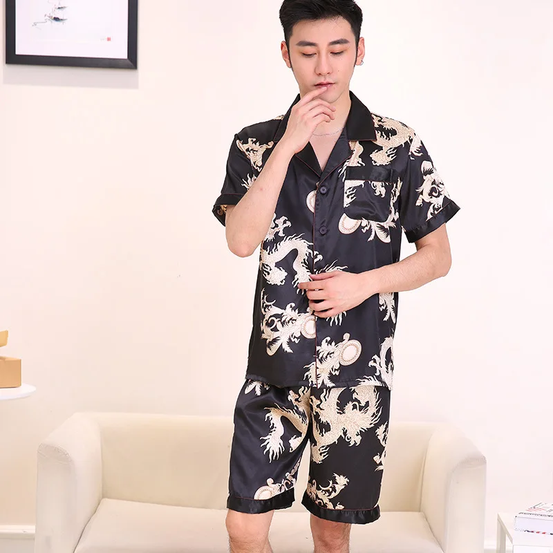 2018 Summer New Men's 2PCS Short Sleeve&Short Pant Pyjamas Set Chinese Vintage Print Dragon Nightwear Size L XL XXL  D128-016