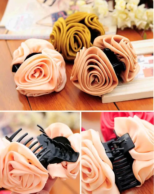 2 Ribbon Rose Flowers Double Side Plastic Black Big Hair Claws  Fashion Headwear for Elegant Women Hair Accessories