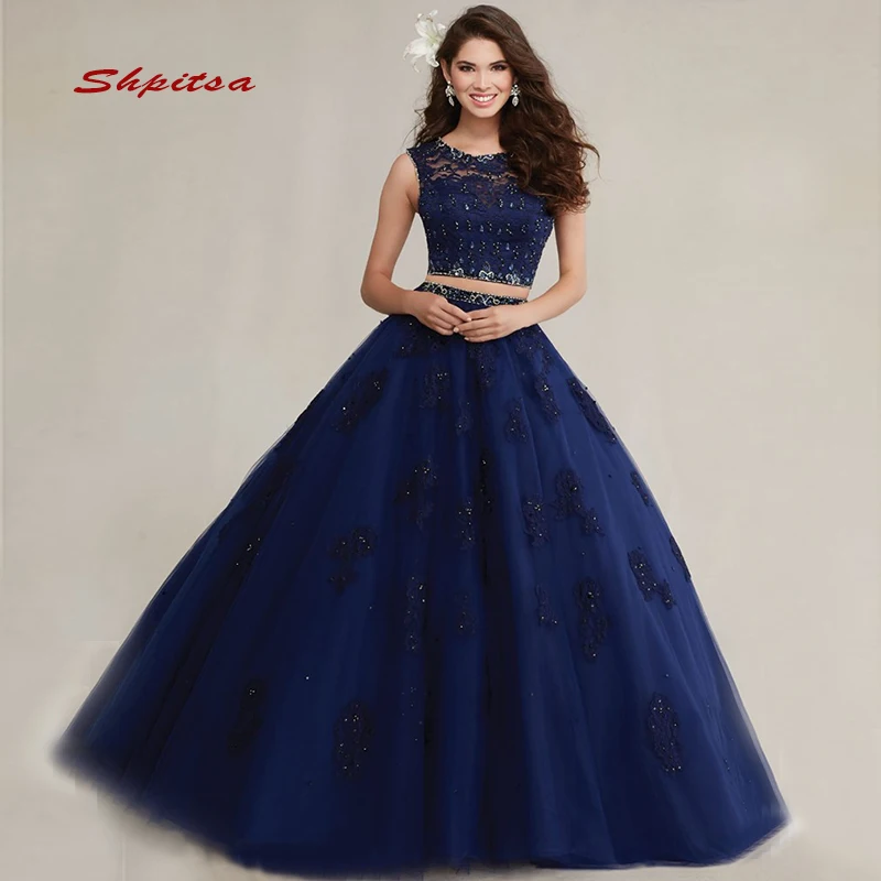 2021 azul marinho rendas quinceanera vestidos de baile dois 2 peça 15 doce 16 inchado quinceanera vestidos de baile por 15 anos