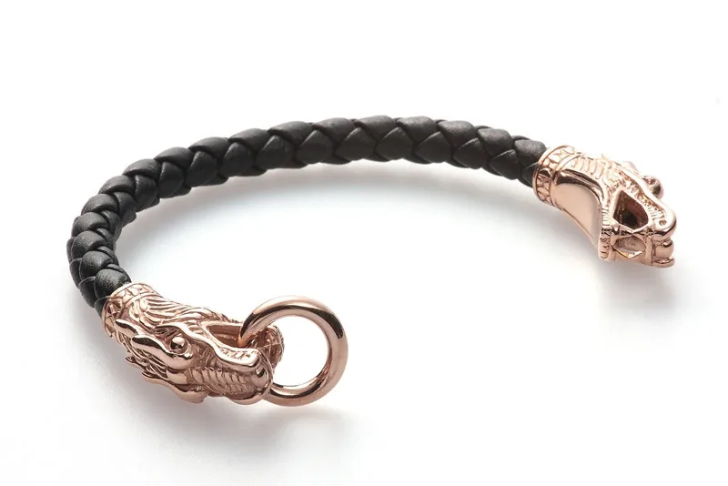 Top quality Genuine Leather Bracelet 316L Stainless Steel Rose Gold Plating Dragon Leather Bangle for Mens Gift AB095