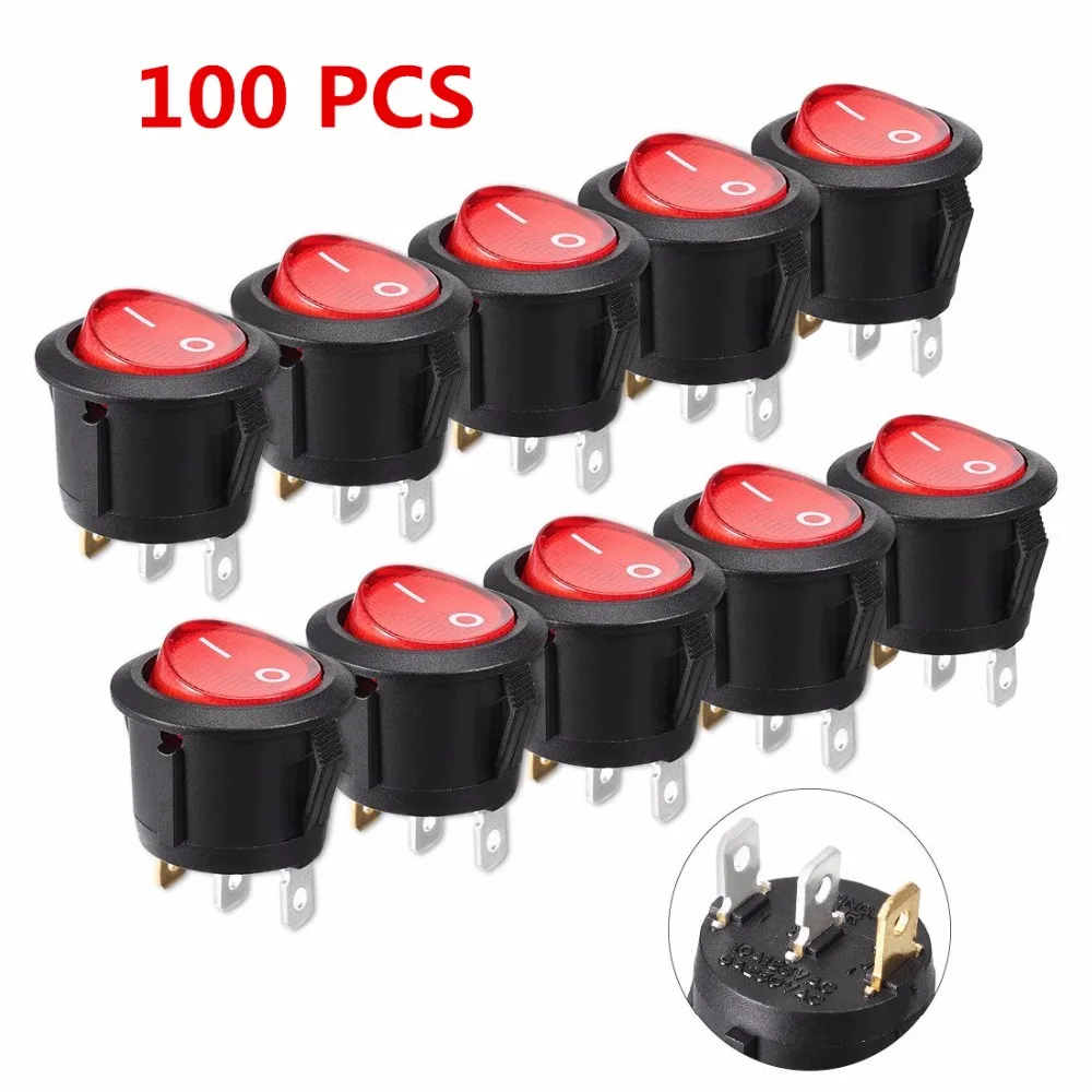 100 Pcs/Lots Red / Green / Yellow Light Illumination ON-OFF SPST Round Rocker Switch 6A/250V 10A/125V AC