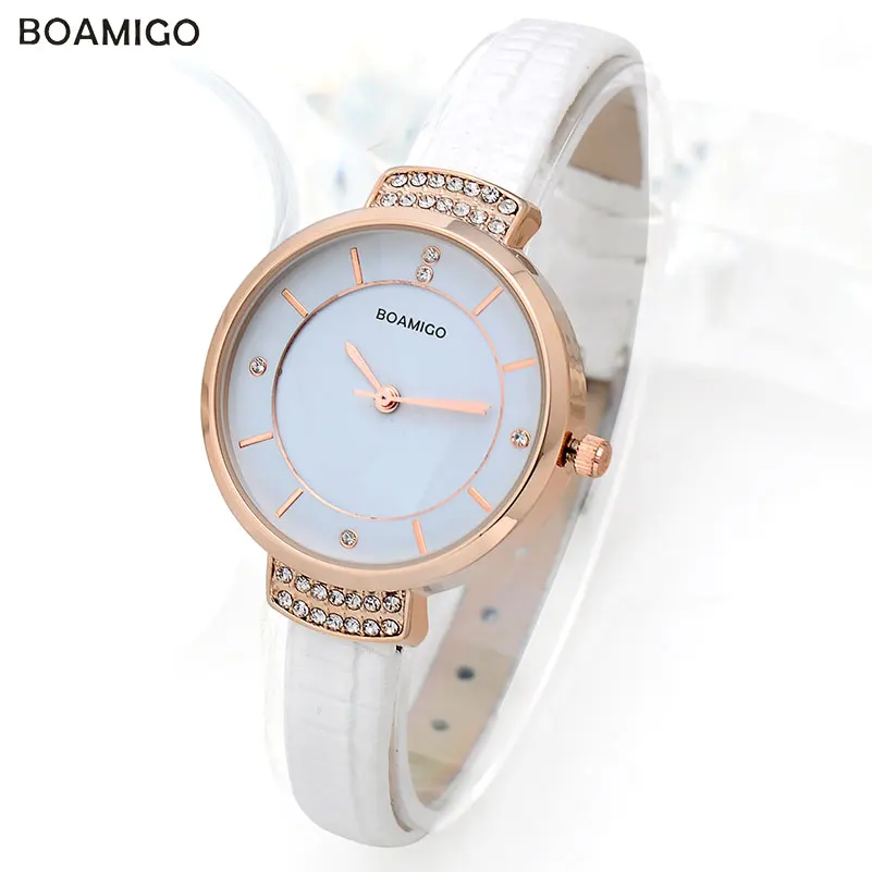 BOAMIGO Fashion Women Quartz Watches Leather Strap Luxury Brand Ladies Rhinestone Watches Women\'s White Wristwatches