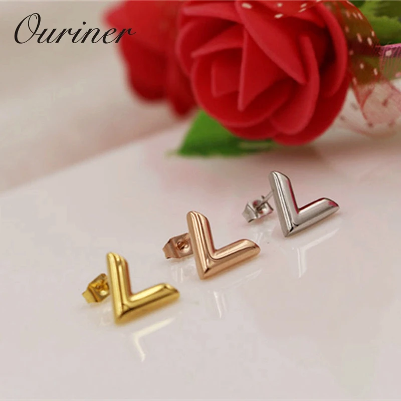 Luxury Brand Jewelry Simple Design V Letter Earrings For Women Stainless Steel Gold-Color Elegant Party Stud Earrings KE002-1