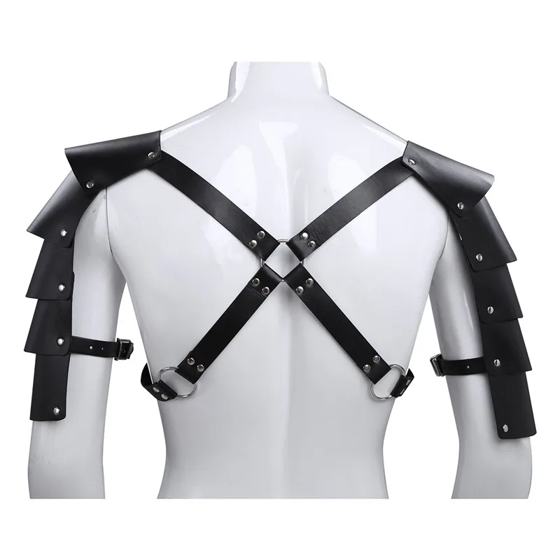 Sexy Men Black Lingerie Faux Leather Adjustable Body Chest Harness Bondage Costume with Shoulder Armors Buckles Tights Zentai