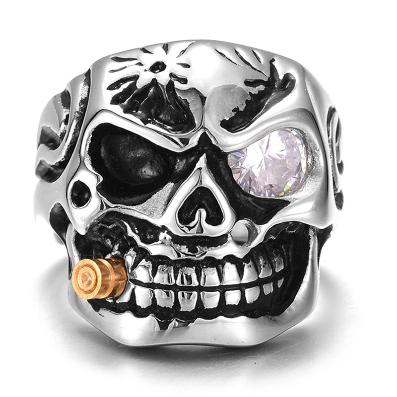 ZRM Fashion Gold Smoking Pipe Biker Men's Rings Rock Punk Skull Ring Clear Red Zircon Eye Plating Rings Jewelry For Men