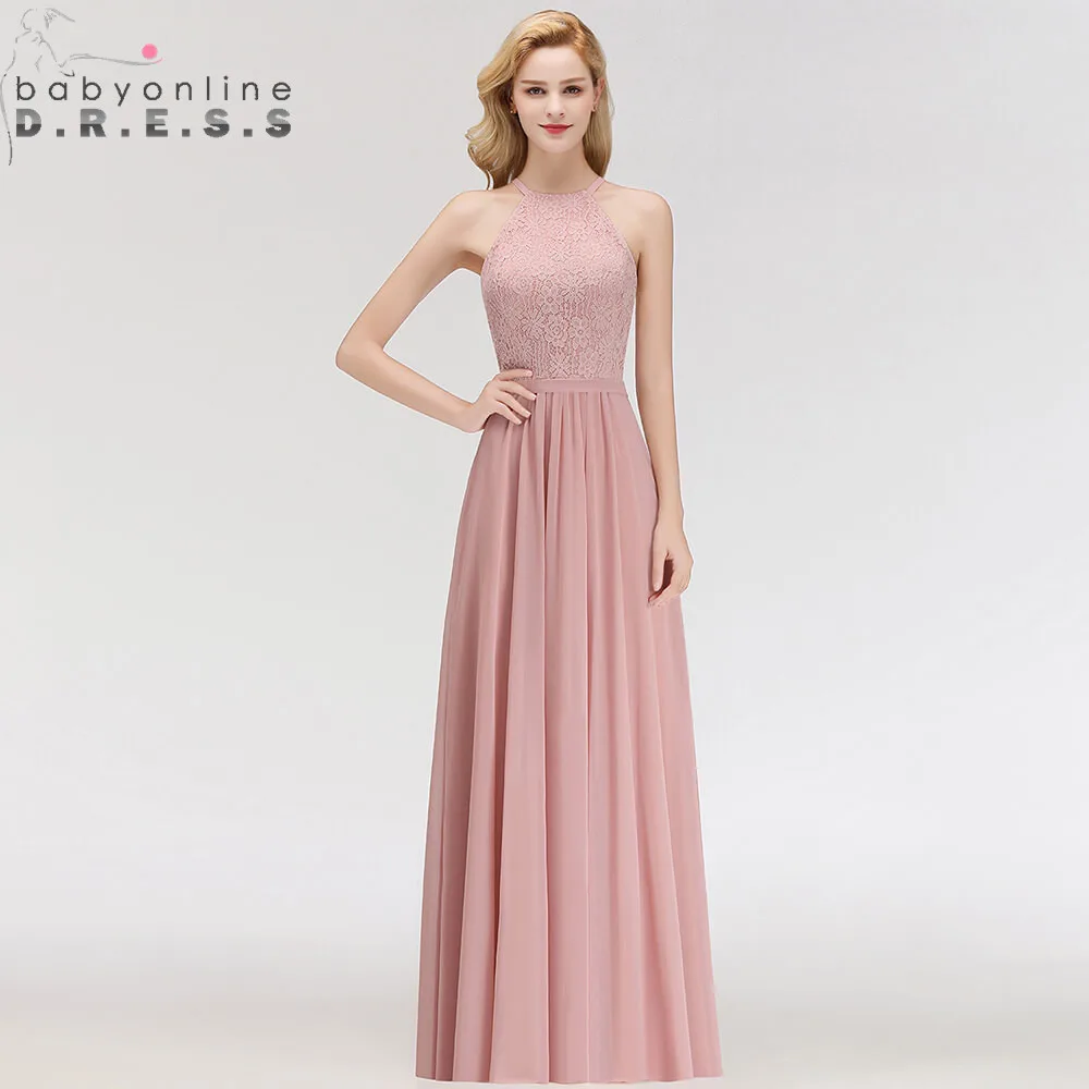 

Babyonlinedress Halter Neck Lace Evening Dress Sexy A Line Pink Chiffon Evening Gown Abendkleider Robe De Soiree Longo