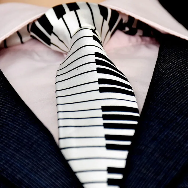 KLV Men\'s Black & White Piano Keyboard Necktie Tie Classic Slim Skinny Music Tie