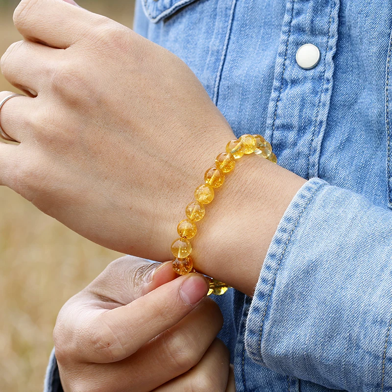 Natural Yellow Citrine Stone 6mm 8mm 10mm Beads Bracelet Handmade Quartz Jewelry for Woman Men Unisex Stretch Bangle Gift