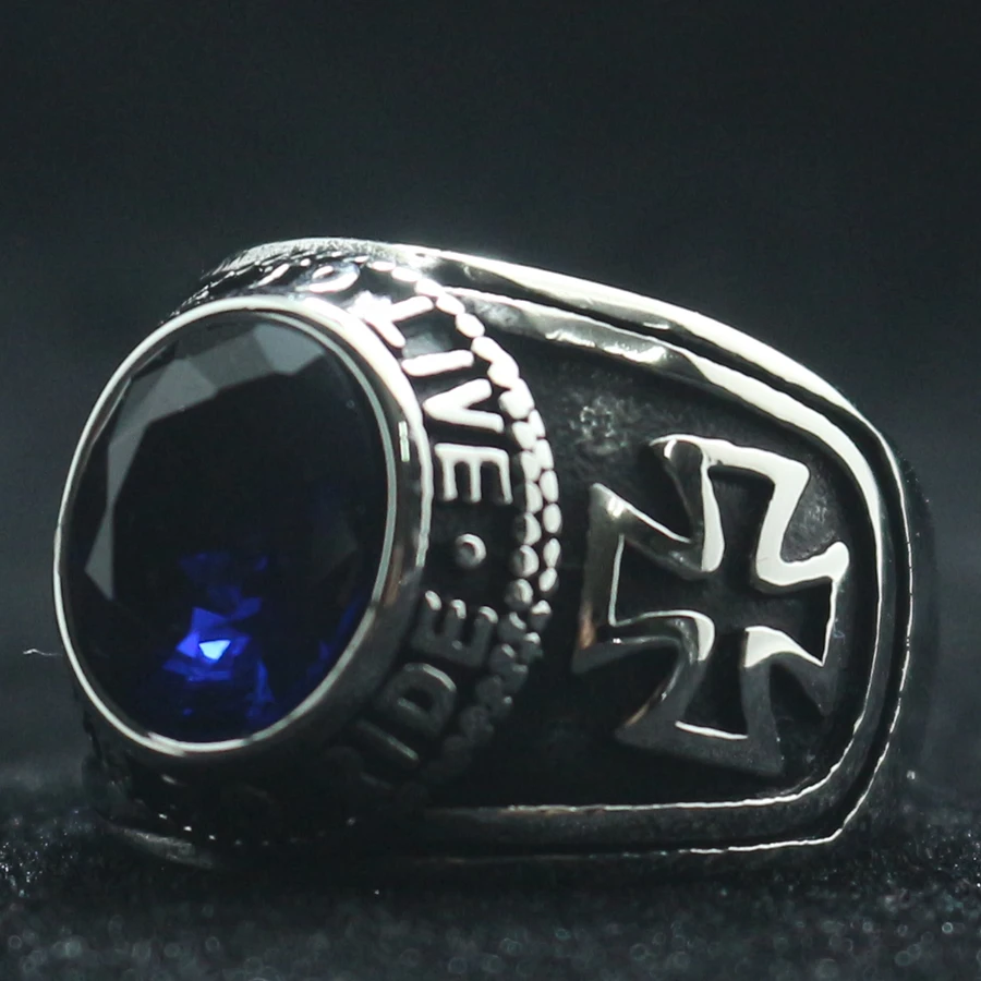 Unisex 316L Stainless Steel Cool Ride To Live, Live To Live Cross Blue Stone Rider Ring