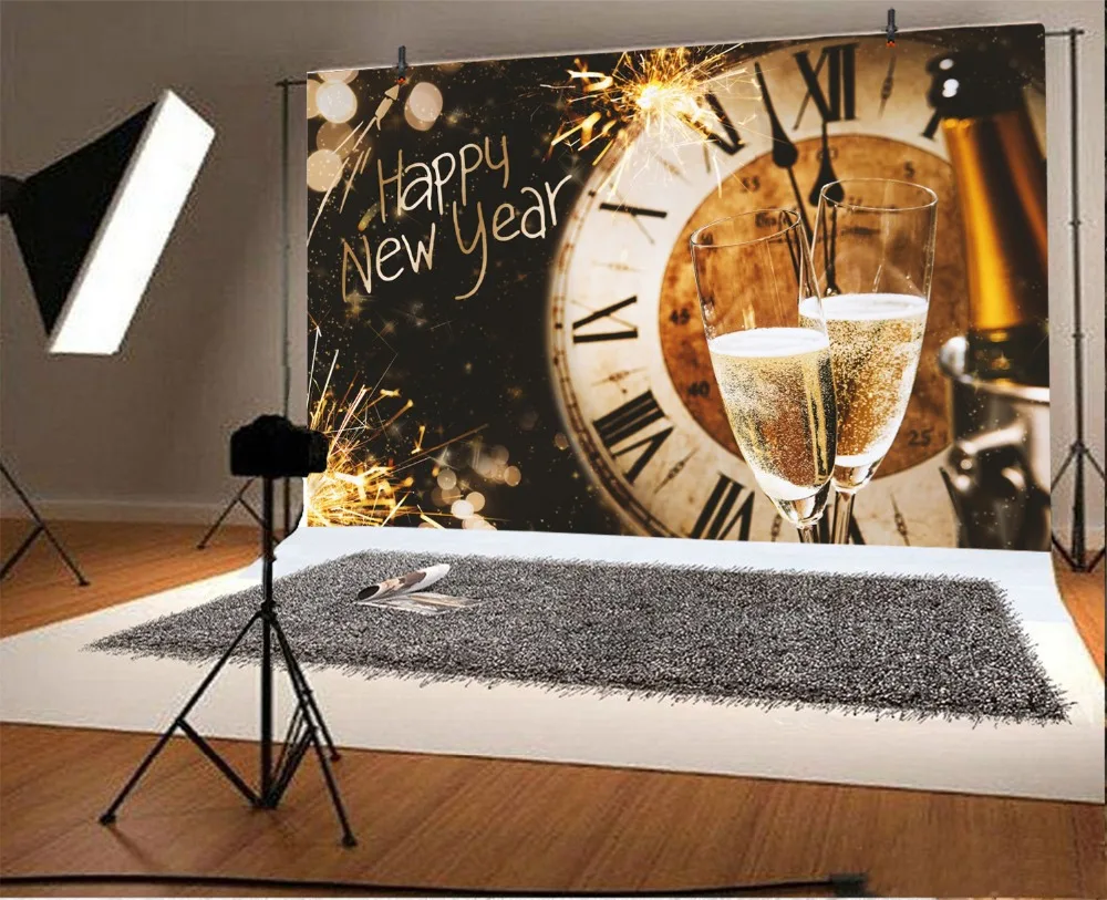 2025 Happy New Year Backdrop for Photography Firework Light Bokeh Clock Champagne Christmas Background New Years Eve Banner