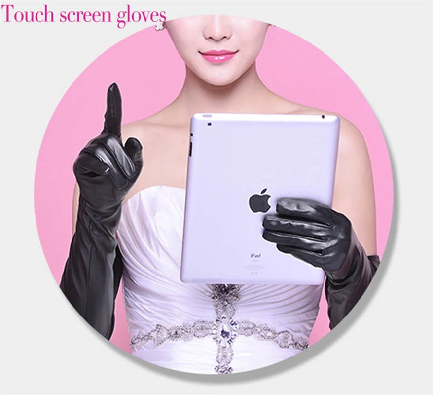 37cm Touch Screen Sheepskin Long Gloves Women\'s Black Leather Velvet Lining Fashion Straight Fall Winter Warm Fingers