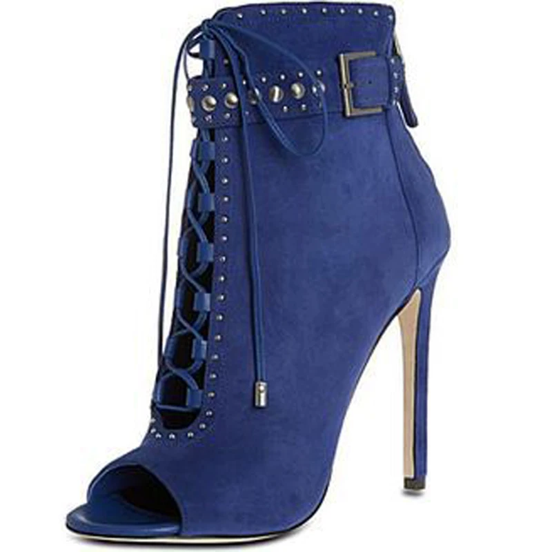 

Sexy Ladies Blue Faux Suede Rivets Studs Buckle Belt Ankle Boots Peep toe High Heel Female Gladiator Lace Up Bottines Woman