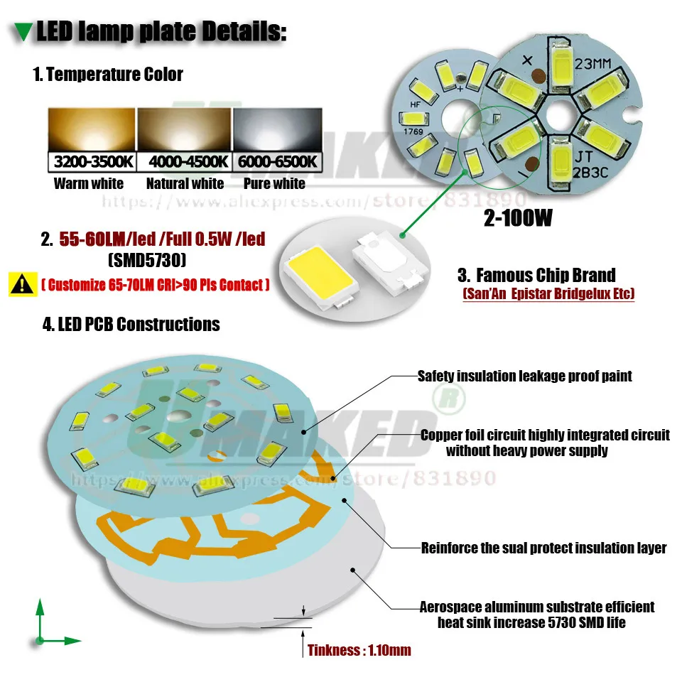 UMAKED 5W 44mm LED PCB Light board Installed SMD5730 LED Chips Aluminum Lamp plate Warm/Natural/White for Bulb Ceilig lights DIY