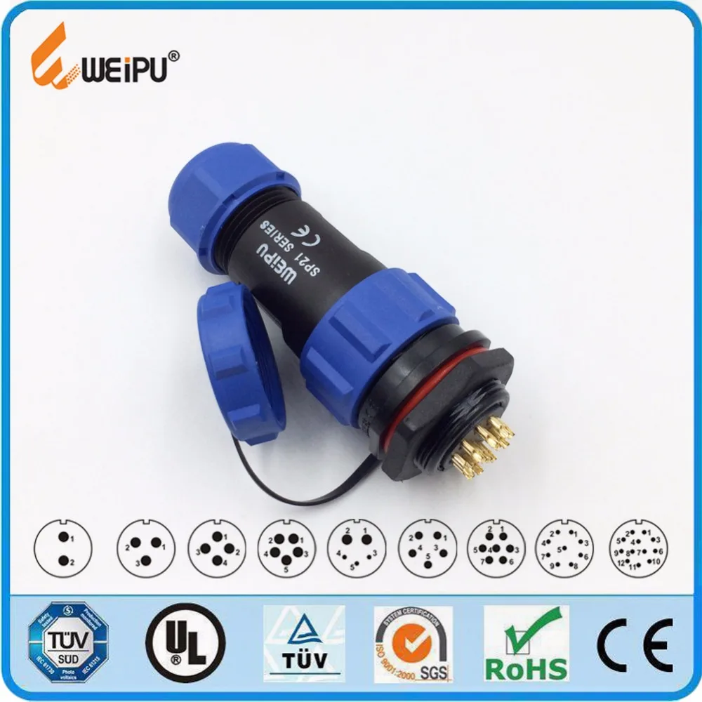 Weipu SP21 Waterproof IP68 Connector 2 3 4 5 7 9 12 Pin In-line Cable Socket SP2110 Male Plug and SP2112 Female Socket